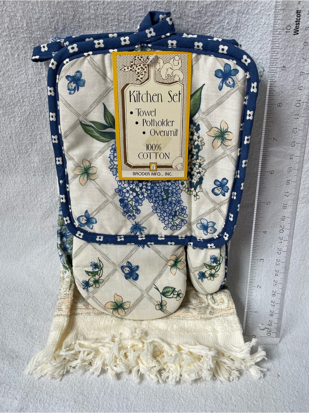 Broder 100% Cotton Blue Floral Kitchen Set - Towel, Potholder & Oven Mitt